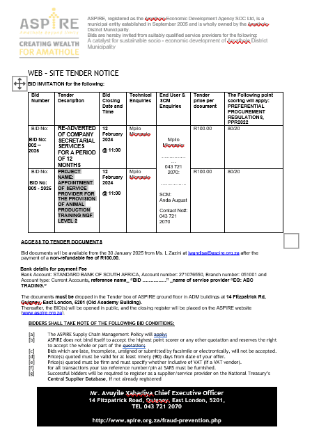 BID No: 002 – 2025 RE-ADVERTED OF COMPANY SECRETARIAL SERVICES FOR A PERIOD OF 12 MONTHS & BID No: 003 - 2025 PROJECT NAME: APPOINTMENT OF SERVICE PROVIDER FOR THE PROVISION OF ANIMAL PRODUCTION TRAINING NQF LEVEL 2