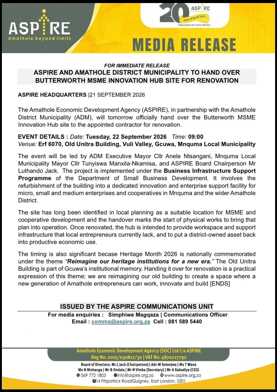 ASPIRE AND AMATHOLE DISTRICT MUNICIPALITY TO HAND OVER BUTTERWORTH MSME INNOVATION HUB SITE FOR RENOVATION